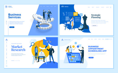 set of flat design web page templates of business apps and services, strategic planning, market rese