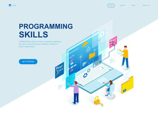 Modern flat design isometric concept of Programming Skills decorated people character for website and mobile website development. Isometric landing page template. Vector illustration.