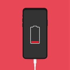 Poster - Smartphone charger adapter and electric socket, low battery notification. Vector illustration.