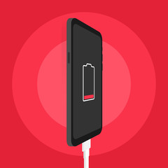 Poster - Smartphone charger adapter and electric socket, low battery notification. Vector illustration.