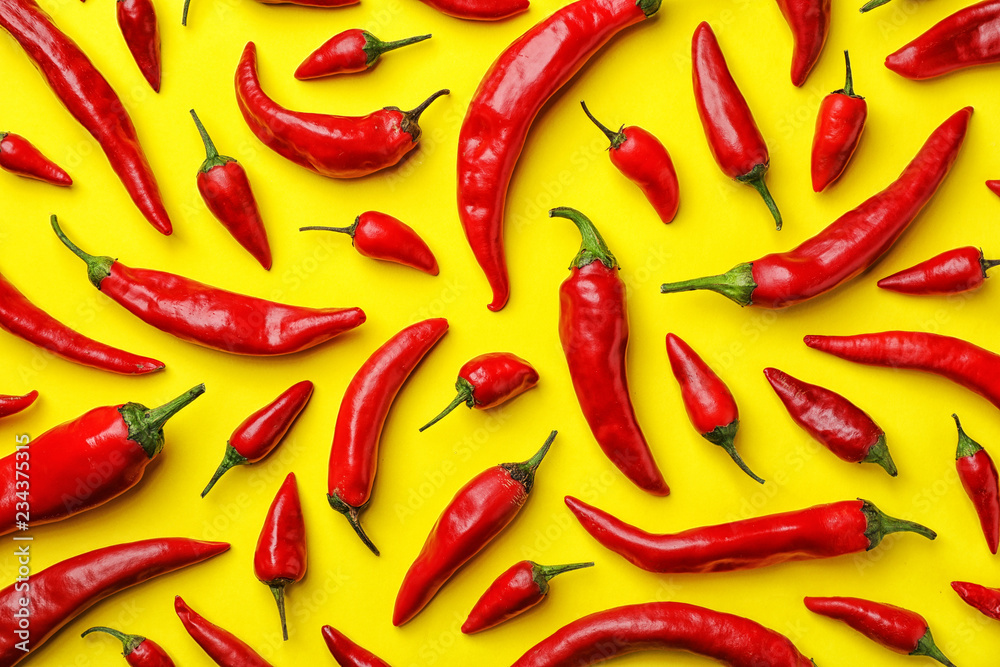Flat lay composition with fresh chili peppers on color background - obrazy, fototapety, plakaty 