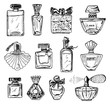 Set of Women's perfume in a bottle. Beautiful fashionable glass accessory. Hand Drawn Sketch. Vintage style.