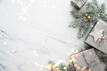 christmas and new year holiday background. xmas greeting card. christmas gifts on white marble backg