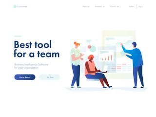 Fototapete - People work in a team and interact with graphs. Business, workflow management and office situations. Landing page template. 3d vector isometric illustration.