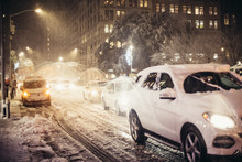 Night Car Traffic After Snow Storm In New York City