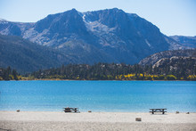 Beautiful Vibrant Panoramic View Of June Lake, Mono County, California, With Mountains Of Sierra Nevada And Carson Peak In The Background, United States