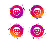 © blankstock - Human smile face icons. Happy, sad, cry signs. Happy smiley chat symbol. Sadness depression and crying signs. Gradient circle buttons with icons. Random dots design. Vector