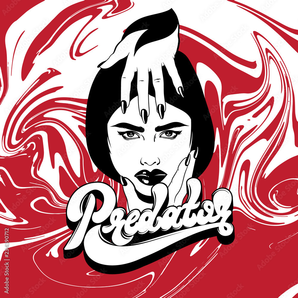 Vector handwritten unique lettering with drops of blood. Expressive hand drawn inscription with head of angry girl. Template for card, poster, banner, print for t-shirt.