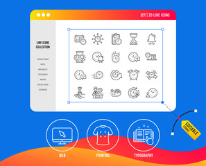 Poster - Time line icons. Set of Calendar, Time management and Delivery service linear icons. Checklist, Stopwatch timer and Hand holds hourglass symbols. Test, 24 hours and Presentation. Vector