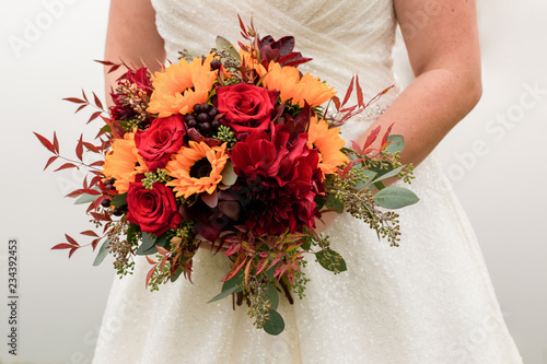 white wedding dress with red roses