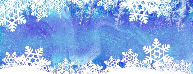 Wall Mural - winder wonderland wide panorama snowy snowflakes on blues header background for winter