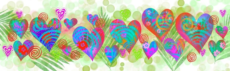 Heart Love Valentine fun Heart long wide panorama header border background in fun hippie retro new young colors and design