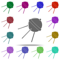 Poster - first satellite icon. Elements of Space in multi color style icons. Simple icon for websites, web design, mobile app, info graphics