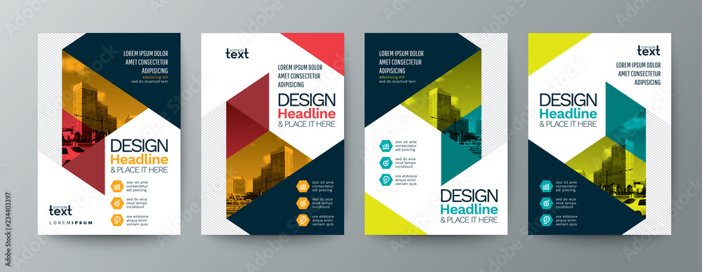 collection of modern design poster flyer brochure cover layout template with triangle graphic elements and space for photo background - obrazy, fototapety, plakaty 