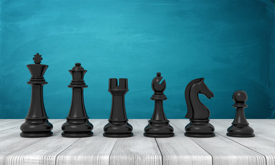 Poster - 3d rendering of a full set of black chess figurines from the kind to the pawn standing in line on a wooden table.