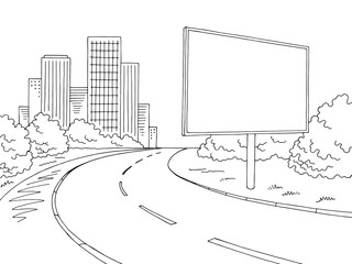 Road billboard graphic black white city landscape sketch illustration vector