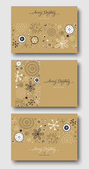 Gold Merry Christmas and Happy New Year greeting cards with abstract festive pattern.