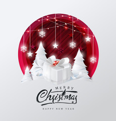 Merry christmas and happy new year background Decorated with gift box in forest and star paper cut style.Glowing lights Vector Illustration.