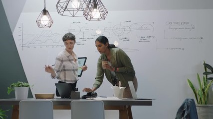creative business women brainstorming designers working together on web design project planning development strategy using online research writing ideas on whiteboard in modern office workplace