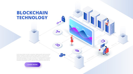 Poster - Blockchain and cryptocurrency design concept with people. Isometric vector illustration. Landing page template for web.