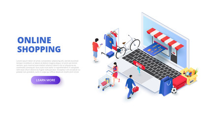 Aufkleber - Online shopping design concept with people and laptop. Isometric vector illustration. Landing page template for web.