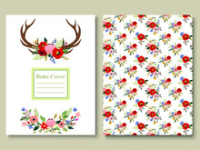 Graphic Set Of Floral Antler And Bohemian Flowers. Cover Template With Deer Horns And Floral Pattern. Rustic Wedding Card, Poster, Banner, Brochure, Notepad, Sketchbook Design. Vector Boho Collection