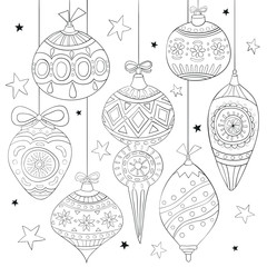 Seamless Christmas pattern. Festive background with holiday elements. Adult coloring book design. Black and white pattern for Christmas coloring page. Vector illustration