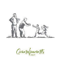 Wall Mural - Grandparents, grandchildren, family, generation concept. Hand drawn isolated vector.