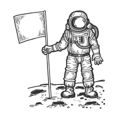 Astronaut spaceman on moon engraving vector illustration. Scratch board style imitation. Black and white hand drawn image.