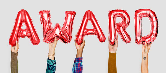 Poster - Hands showing award balloons word