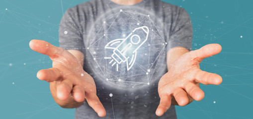 Poster - businessman holding a start up rocket on a sphere 3d rendering