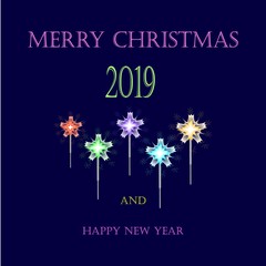 Wall Mural - Merry Christmas Happy New Year lettering and sparkle on dark blue background. Fashion graphic design. Modern abstract texture. Colorful template for prints, card, poster, etc. Vector illustration.