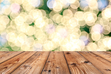 Brown old wooden floor on Christmas bokeh backdrop and have copy space.