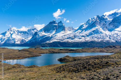 Fotografie, Obraz Mountains and lake in Torres del Paine National Park in Chile