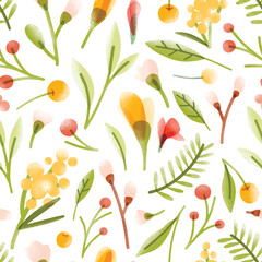 Sticker - Botanical seamless pattern with translucent blooming summer flowers, berries, leaves scattered on white background