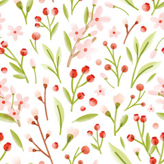 Poster - Elegant seamless pattern with translucent tender spring flowers, forest berries, leaves scattered on white background
