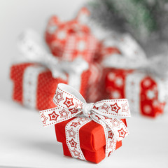 Christmas red gift box on white background