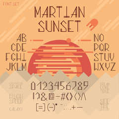 Fototapete - Vector thin line font, Latin alphabet, set with capital letters, numbers and symbols isolated on background with red planet and hills. Geometric futuristic linear typeface for headlines, uppercase
