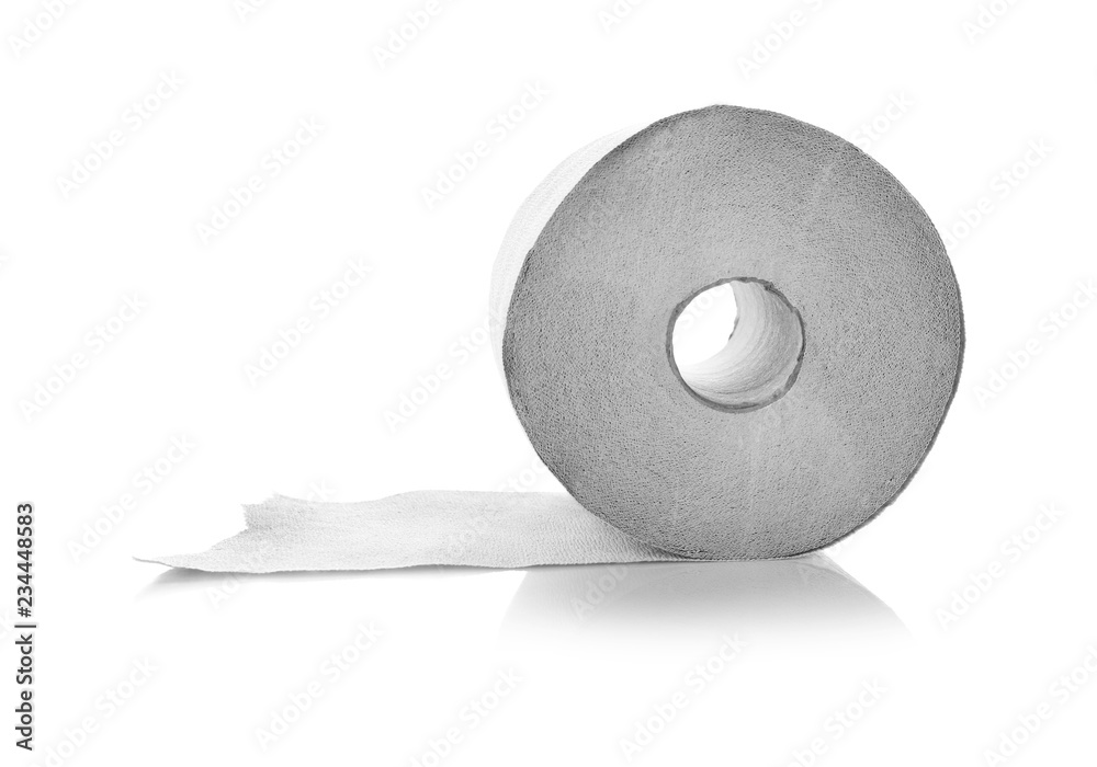Roll of toilet paper on white background