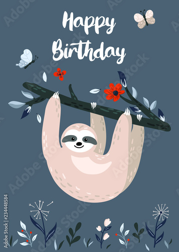 Happy Birthday Design With Cute Baby Sloth Hanging On The Tree