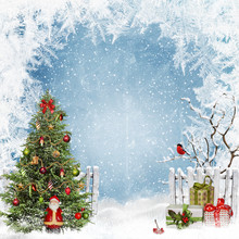 Christmas Greeting Background With Space For Text, With A Christmas Tree, Santa Claus And Gifts 