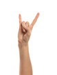 © Pixel-Shot - Female hand showing 'devil horns' gesture on white background