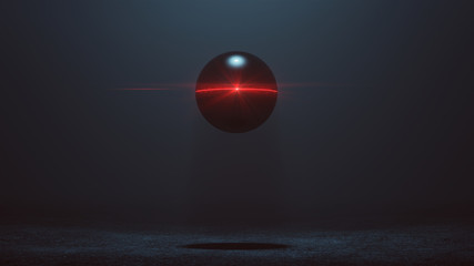 Futuristic Abstract Alien Geo Sphere AI Super Computer Droid with Glowing Lens Flare 3d illustration 3d render 