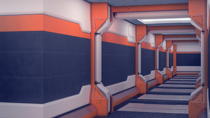 Wall Mural - Sci-fi hangar. White futuristic panels with orange accents. Spaceship corridor with light. 3d Illustration