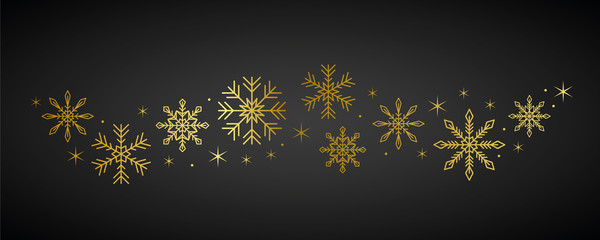 Wall Mural - golden snowflakes and stars border on dark background vector illustration eps10