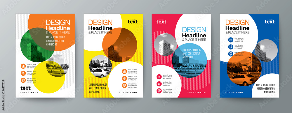 collection of modern design poster flyer brochure cover layout template with circle graphic elements and space for photo background - obrazy, fototapety, plakaty 
