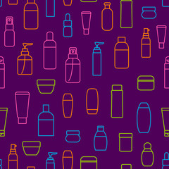 Wall Mural - Cosmetic Bottles Signs Thin Line Seamless Pattern Background. Vector