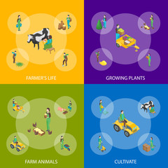 Wall Mural - Farmers at Work 3d Banner Set Isometric View. Vector