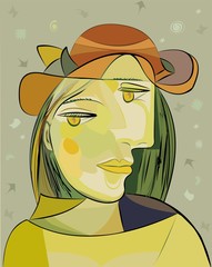 Colorful abstract background, cubism art style, woman brown hat