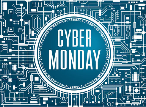 Cyber monday sale design template. Technology background. Blue cybermonday banner. Vector illustration.